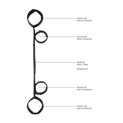 Equipamento preto com quatro algemas de nylon e aço, fechos de Velcro