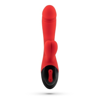 Vibrador vermelho com base preta e botões de controle