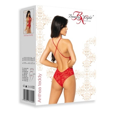 Caixa de lingerie Beauty Night com teddy vermelho de renda e tiras nas costas.