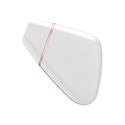 Dispositivo eletrônico branco com acabamento dourado rosa e formato triangular arredondado