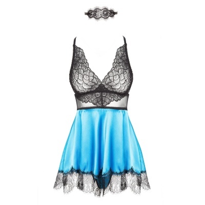 Conjunto lingerie azul e preta com renda e faixa para cabeça