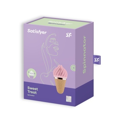 Caixa do produto Satisfyer Sweet Treat Spinmator com imagem de spinner em forma de gelado cor-de-rosa