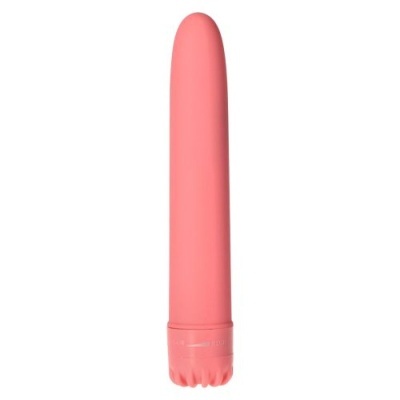 Vibrador cor-de-rosa cilíndrico com base texturizada em formato de flor