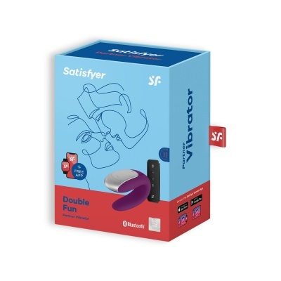 Caixa do vibrador Satisfyer Double Fun em azul e vermelho