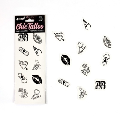 Tatuagens temporárias Chic Tattoo Candy Collection com desenhos em preto e branco sobre fundo branco