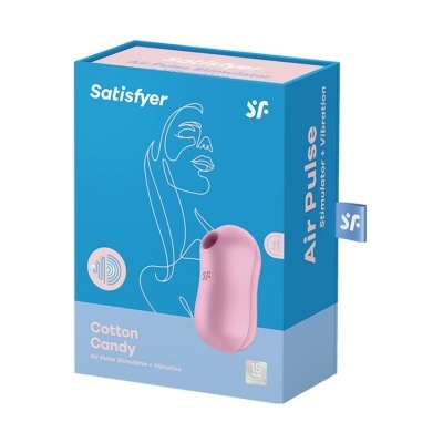 Embalagem do estimulador Satisfyer Air Pulse rosa com texto e design moderno em azul e rosa