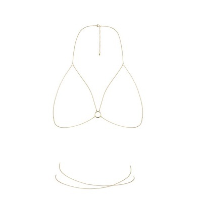 Body chain dourado em metal fino com correntes delicadas e anéis