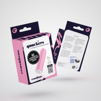 Embalagem cor-de-rosa para vibrador recarregável lilás 'quackers' com texto e instruções