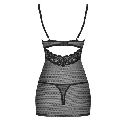 Vestido lingerie preto em malha transparente com detalhes em renda