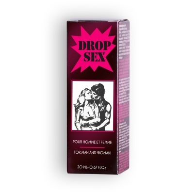 Embalagem preta e rosa do produto Drop Sex com imagem de casal e texto descritivo.
