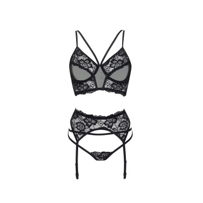 Conjunto de lingerie feminino preto em renda com sutiã, cinta-liga e tanga.
