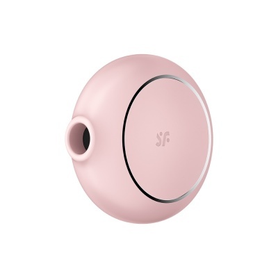 Dispositivo circular cor-de-rosa com orifício lateral e detalhe prateado com logo sf