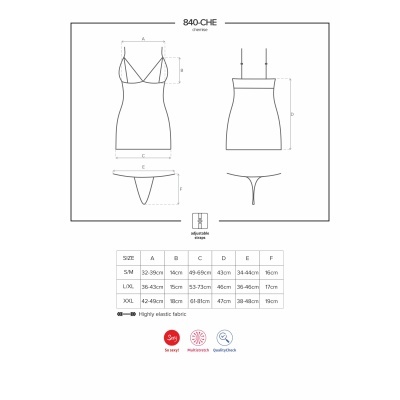 Esquema técnico com medidas de vestido e tanga, tabela de tamanhos, e ícones de tecido elástico, secagem rápida e qualidade.