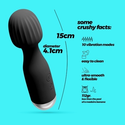 Vibrador preto flexível com cabeça texturizada e detalhes informativos ao lado