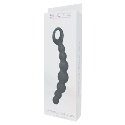 Massageador pessoal em silicone preto segmentado em embalagem branca com texto SILICONE THE FIRST SMOOTH PLEASURE