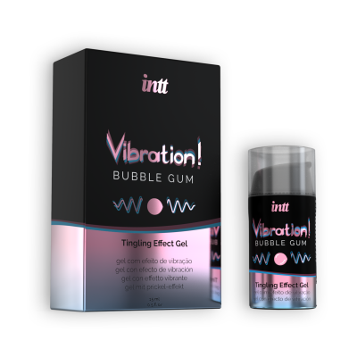 Gel efeito vibração Intt Vibration! Bubble Gum embalagem e frasco preto com detalhes coloridos