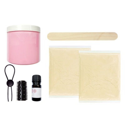 Kit de tratamento capilar com frasco rosa, pó em pacotes, óleo, aplicador, alicate e espátula de madeira