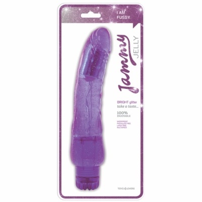 Dildo violeta translúcido com brilho em embalagem branca e roxa