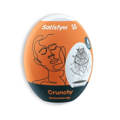 Embalagem ovalada do Satisfyer Crunchy Masturbator Egg laranja com arte de rosto em linhas