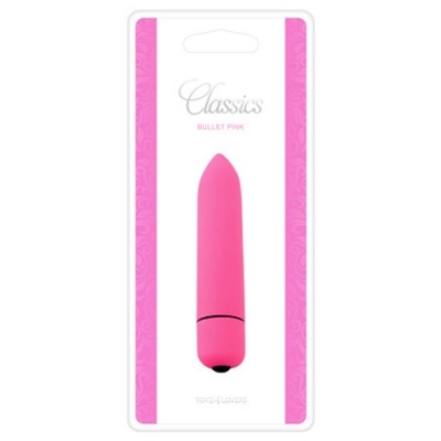 Vibrador clássico rosa em embalagem branca e rosa com texto Classics BULLET PINK