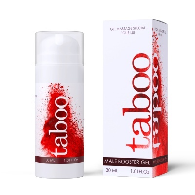 Frasco e embalagem de gel massageador Taboo branco com detalhes em vermelho