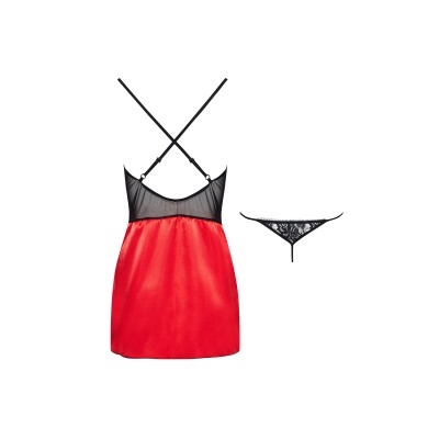 Conjunto de lingerie vermelho e preto com vestido de tule e cueca de renda