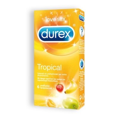 Caixa amarela de preservativos Durex Tropical com frutas e texto multilingue