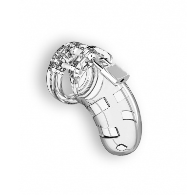 Dispositivo transparente com cadeado prateado sobre fundo branco