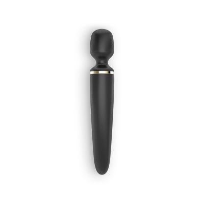 Vibrador massageador preto com detalhe dourado sobre fundo branco