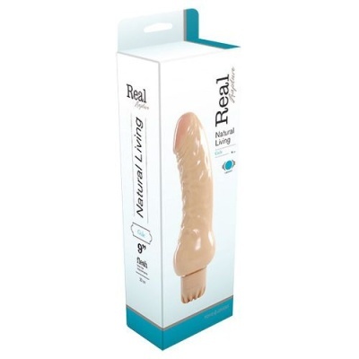 Embalagem de produto sexual realista com texto Real Silicone Natural Living
