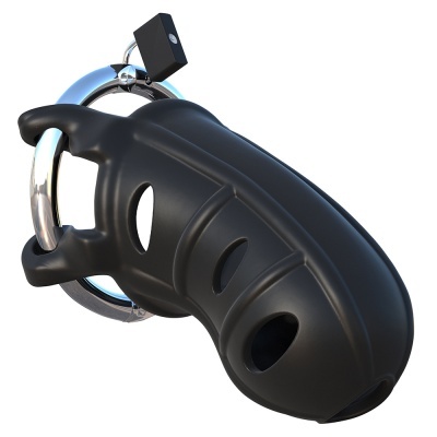 Dispositivo masculino preto com anel metálico e cadeado