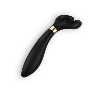 Vibrador preto de silicone com detalhes dourados, sobre fundo branco