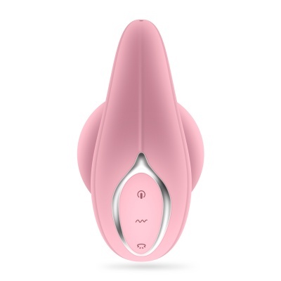 Dispositivo eletrônico rosa com botão de ligar e controles em fundo branco