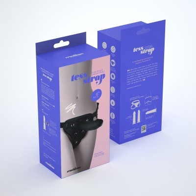 Embalaem de arnês preto 'less strap' em fundo azul e rosa