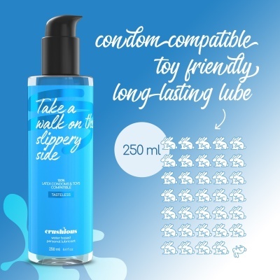 Frasco azul de lubrificante com texto branco sobre fundo azul