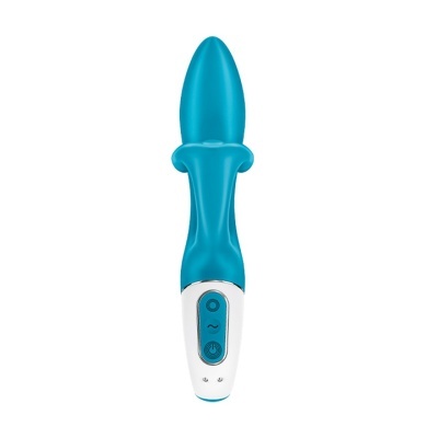 Vibrador azul com base branca e botões de controlo em fundo branco