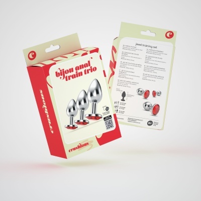 Embalagem do conjunto bijou anal train trio com três plugs metálicos prateados e bases vermelhas