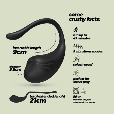 Dispositivo preto curvo com especificações técnicas em texto ao lado