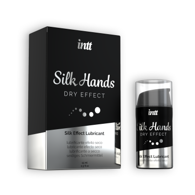 Embalagem preta e frasco pequeno transparente com lubricante Silk Hands Dry Effect da intt