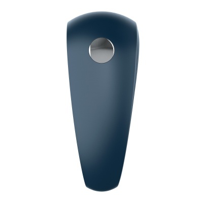 Controlador remoto azul escuro com botão circular metálico