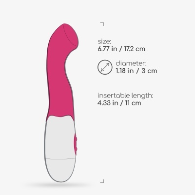 Vibrador rosa e branco com texto de dimensões