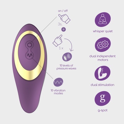 Dispositivo roxo e dourado com funcionalidades para estimulação, texto em inglês