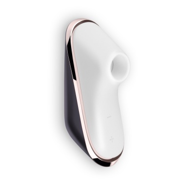 Dispositivo eletrônico branco com bordas douradas rosadas e botões + e -