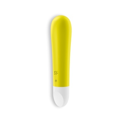 Vibrador amarelo com base branca e dois símbolos pretos