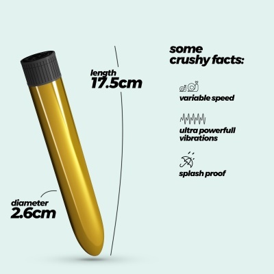 Vibrador dourado com tampa preta e texto informativo sobre dimensões e características