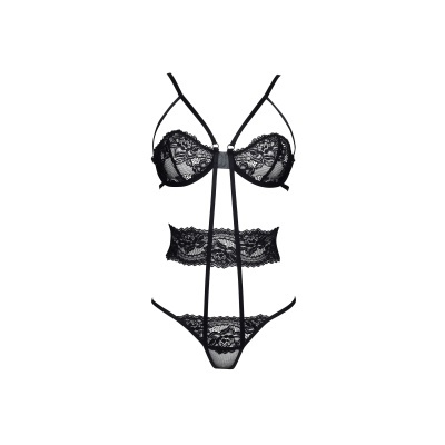 Conjunto lingerie preto em renda com tiras finas e tanga
