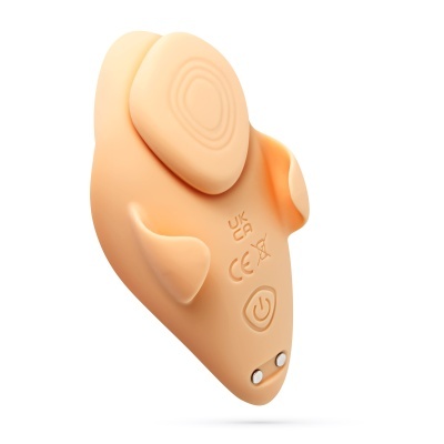 Dispositivo eletrónico pequeno de cor pele com símbolos e botão liga/desliga