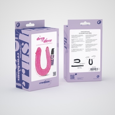 Embalagem de lubrificante anal e dildo duplo 'deep driver' em rosa com frasco pequeno de lubrificante