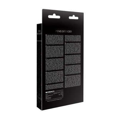 Embalagem preta retangular com texto branco PENIS EXTENDER