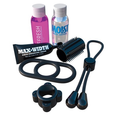 Produtos com frascos pequenos rotulados, tubo creme e acessórios negros sobre fundo branco